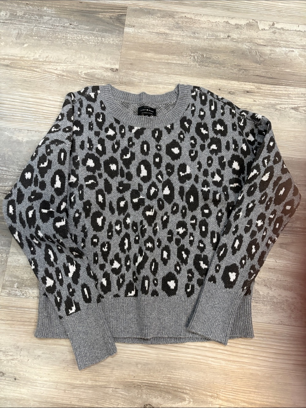 Lucky Brand Gray Black and White Leopard Crewneck Sweater